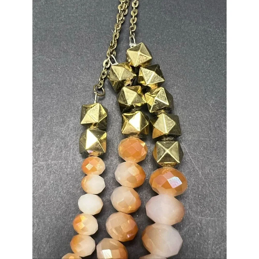 Gold Tone Vintage Style Triple Strand Beaded Statement Necklace w Earring Set
